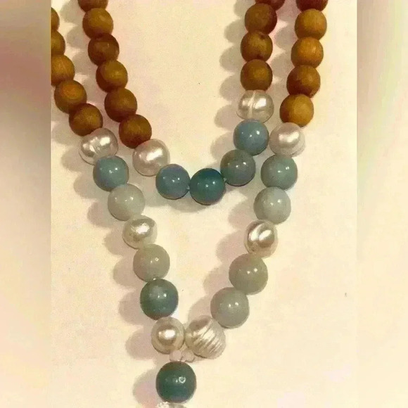 Wood cultured pearl and stone Mala bead necklace - Picture 2 of 2